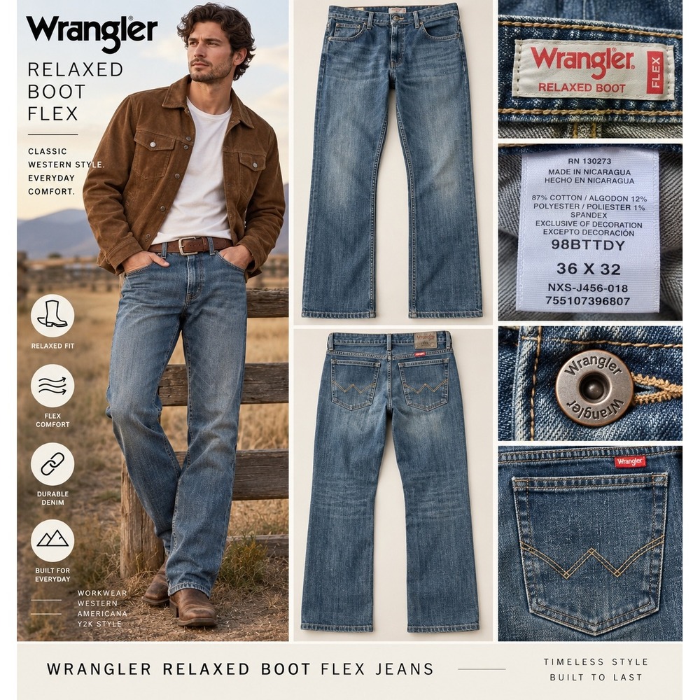 Wrangler Relaxed Boot Flex Jeans Mens 36x32 Medium Wash Western Cowboy 98BTTDY